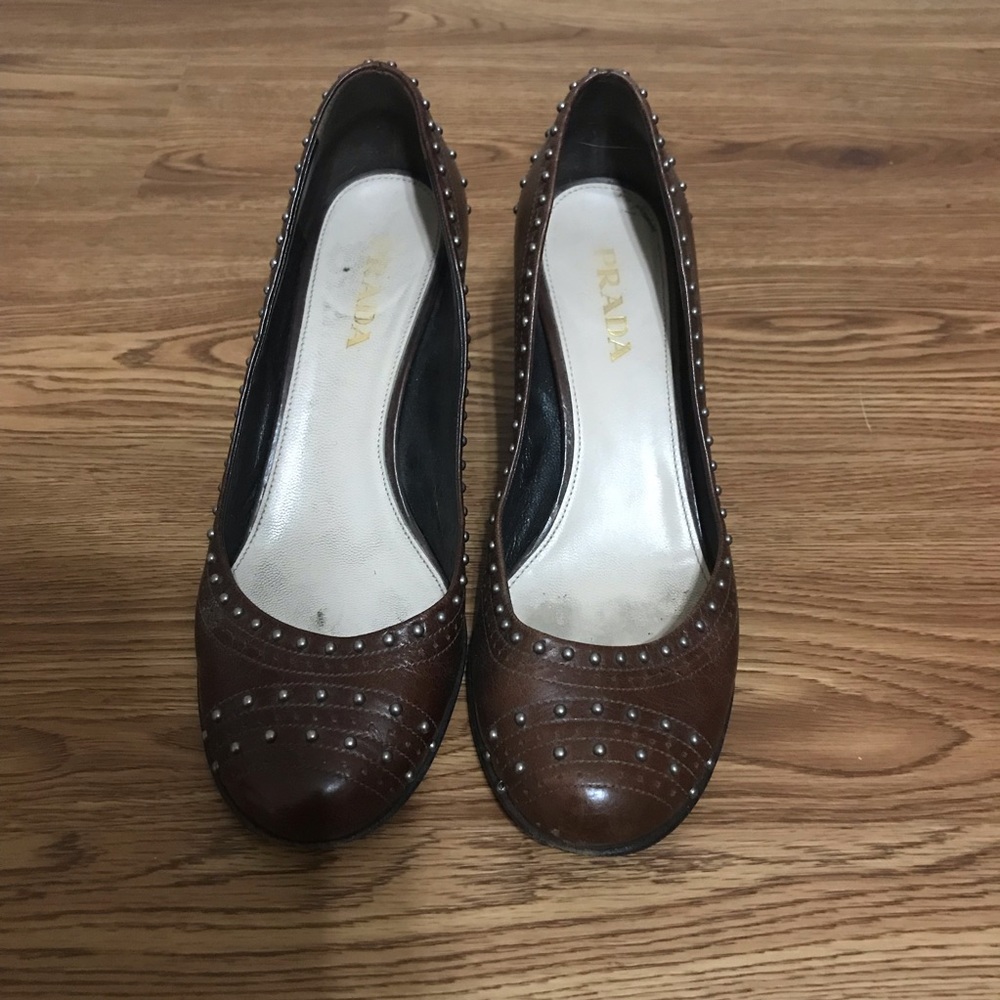 Classic Prada Brown Leather Stud Detail Block Heel